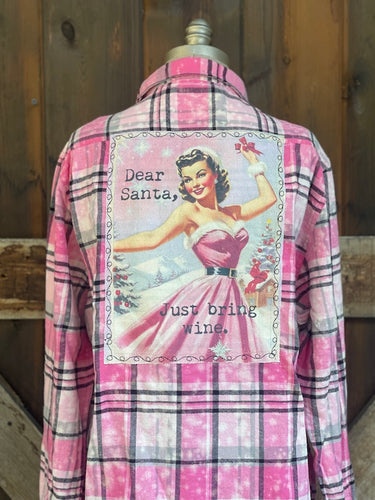 Dear Santa, Please Bring Wine Art Flannel- Rose' Plaid